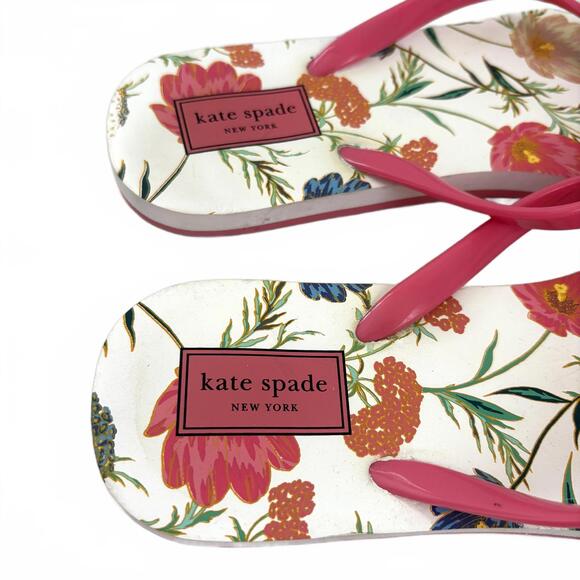 Kate Spade | Flip Flop Thong Sandals White Pink Bow Gold Spade Floral Size 8 - Picture 5 of 6